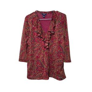 CHAPS Denim Blouse 2X Red Paisley Ruffle Pullover Boho Comfort 3/4 Sleeve V-neck